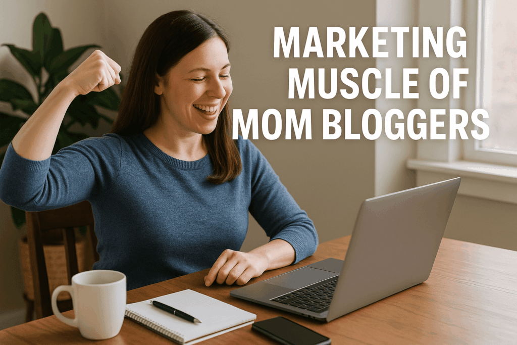A mom blogger smiling at her laptop