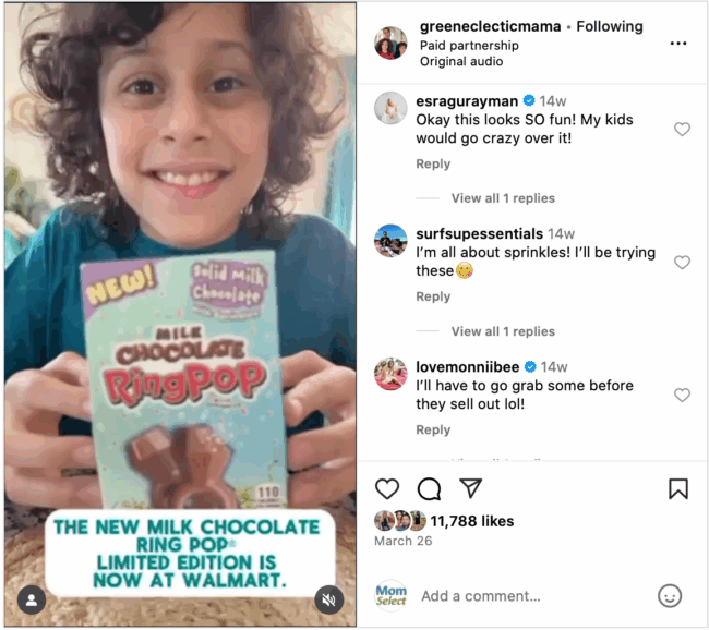 Instagram post of a boy holding limited-edition seasonal candy, with positive comments highlighting audience excitement and brand engagement. Instagram post of a boy holding limited-edition seasonal candy, with positive comments highlighting audience excitement and brand engagement.