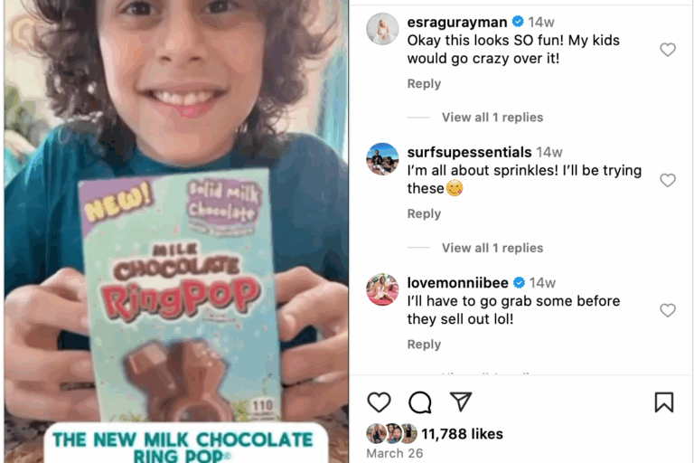 Instagram post of a boy holding limited-edition seasonal candy, with positive comments highlighting audience excitement and brand engagement. Instagram post of a boy holding limited-edition seasonal candy, with positive comments highlighting audience excitement and brand engagement.
