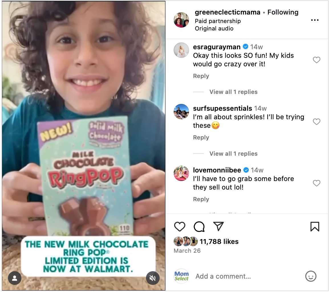 Instagram post of a boy holding limited-edition seasonal candy, with positive comments highlighting audience excitement and brand engagement. Instagram post of a boy holding limited-edition seasonal candy, with positive comments highlighting audience excitement and brand engagement.